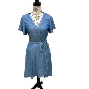 LOFT Light Chambray Wrap Mini Dress in Blue